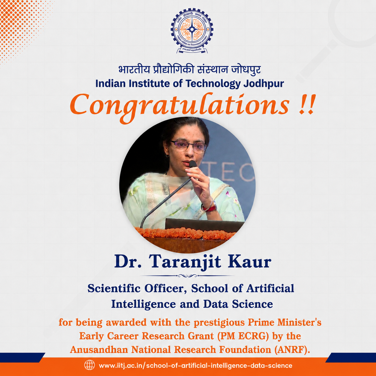 Dr Taranjit Kaur Scientific Officer has been awarded the PM ECRG-grant